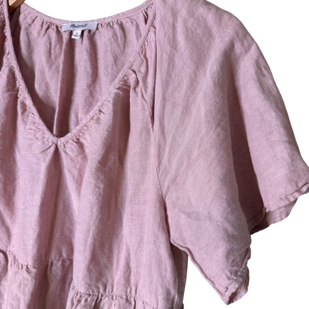 Madewell Womens Pink Linen Blend Tiered Mini Dress V-Neck Short Sleeve Size M - Picture 2 of 9